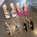 Rhinestone Butterfly Knot High Heel Sandals With Crystal Bow Mules