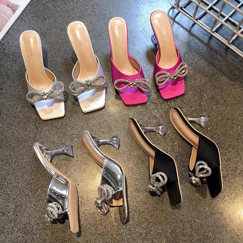 Rhinestone Butterfly Knot High Heel Sandals With Crystal Bow Mules