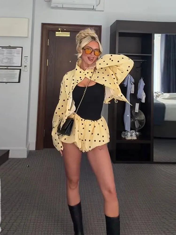 Yellow Polka Dot Pleated Set With Balloon Shorts And Cropped Top