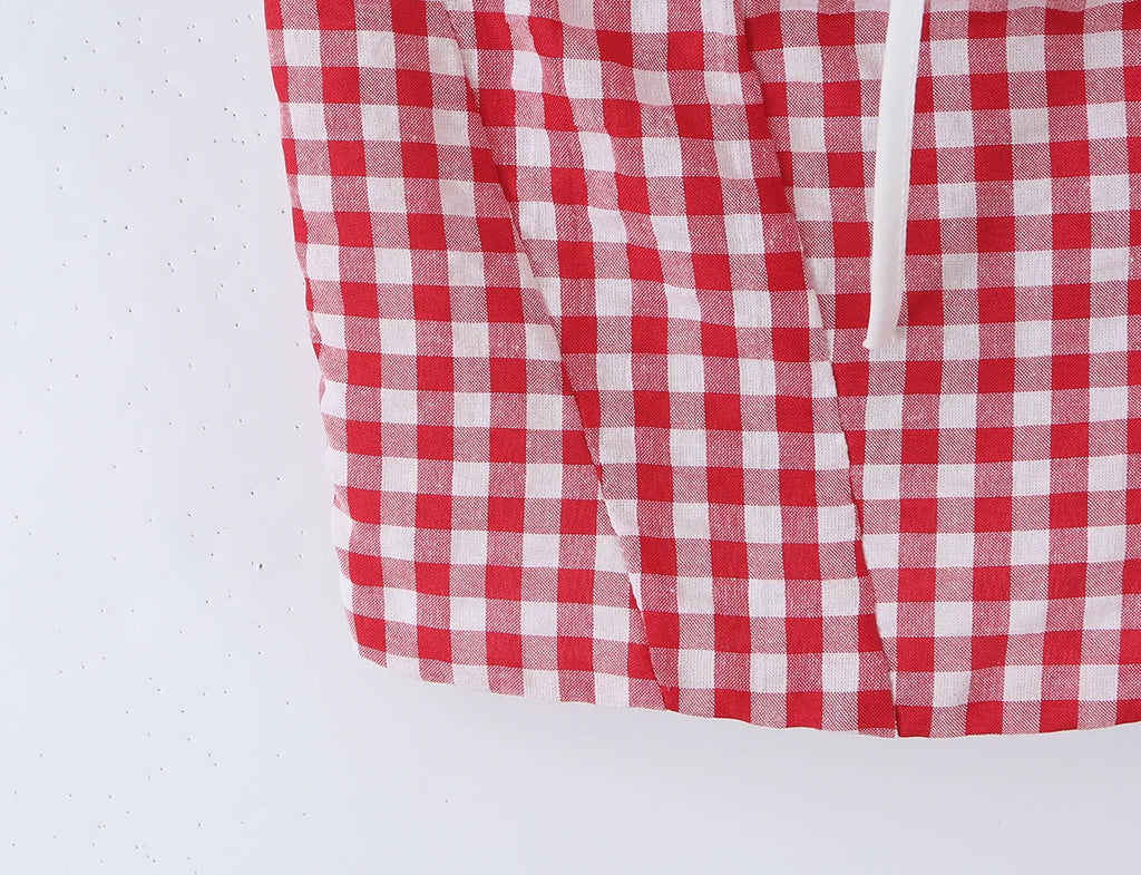 Red Plaid Corset Camis Lace Trim Bow Detail Bustier Sexy Top