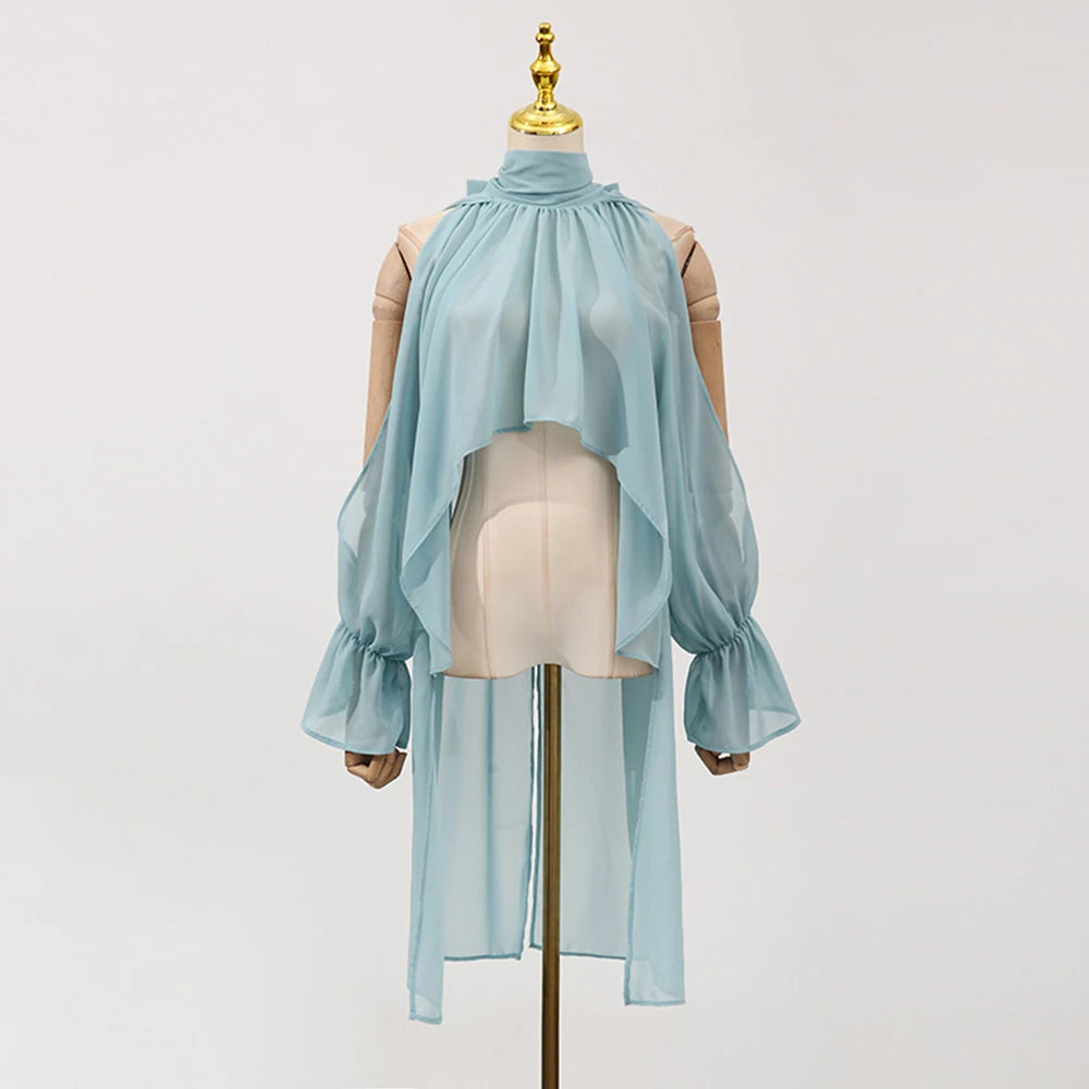 Off Shoulder Chiffon Blouse With Lightweight Fit Asymmetrical Hem And Bow Detail