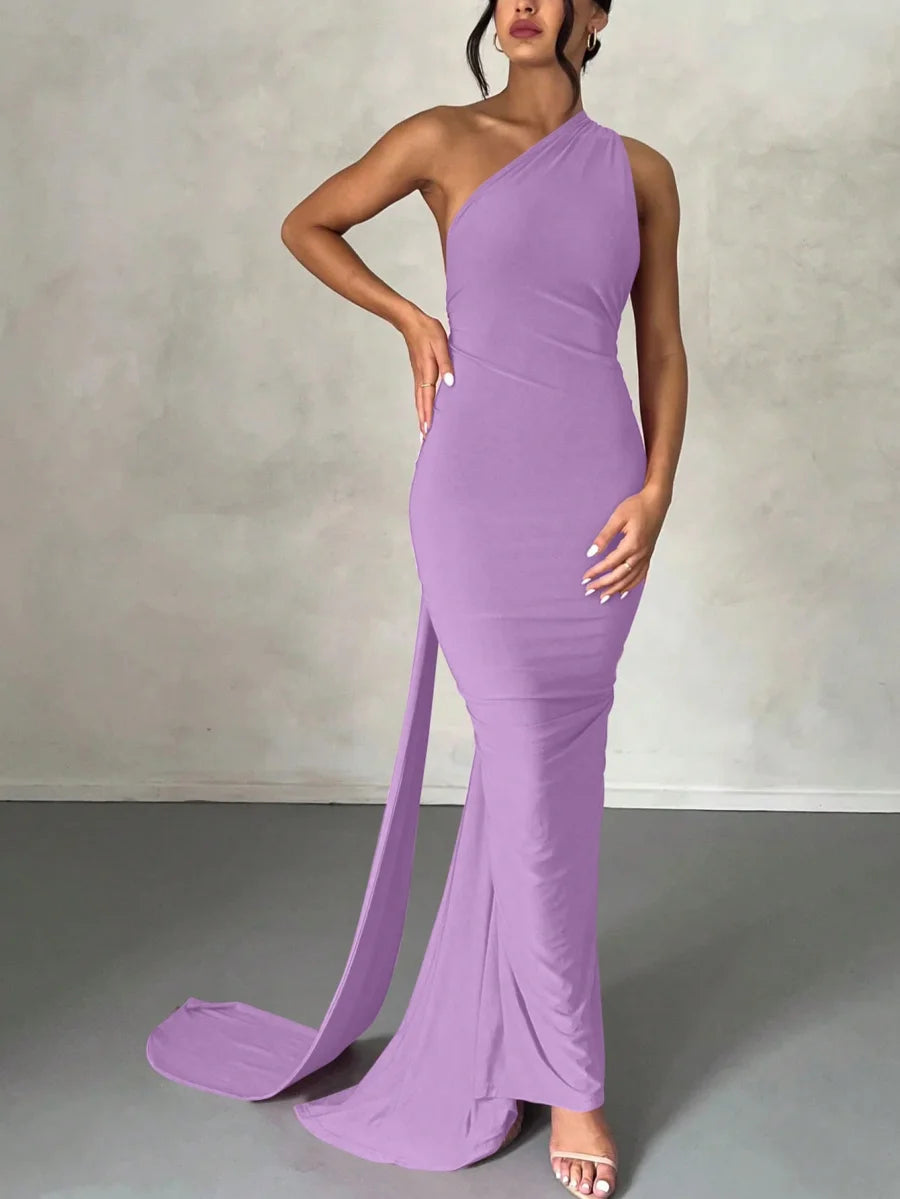 One Shoulder Backless Ruched Slim Long Dress
