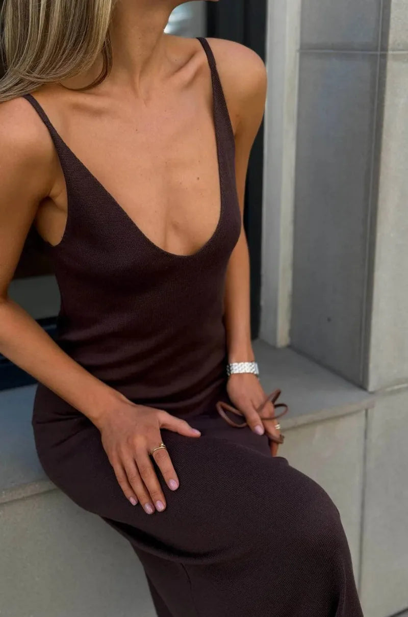 Elegant Deep V Knit Maxi Dress With Backless Suspender Detail