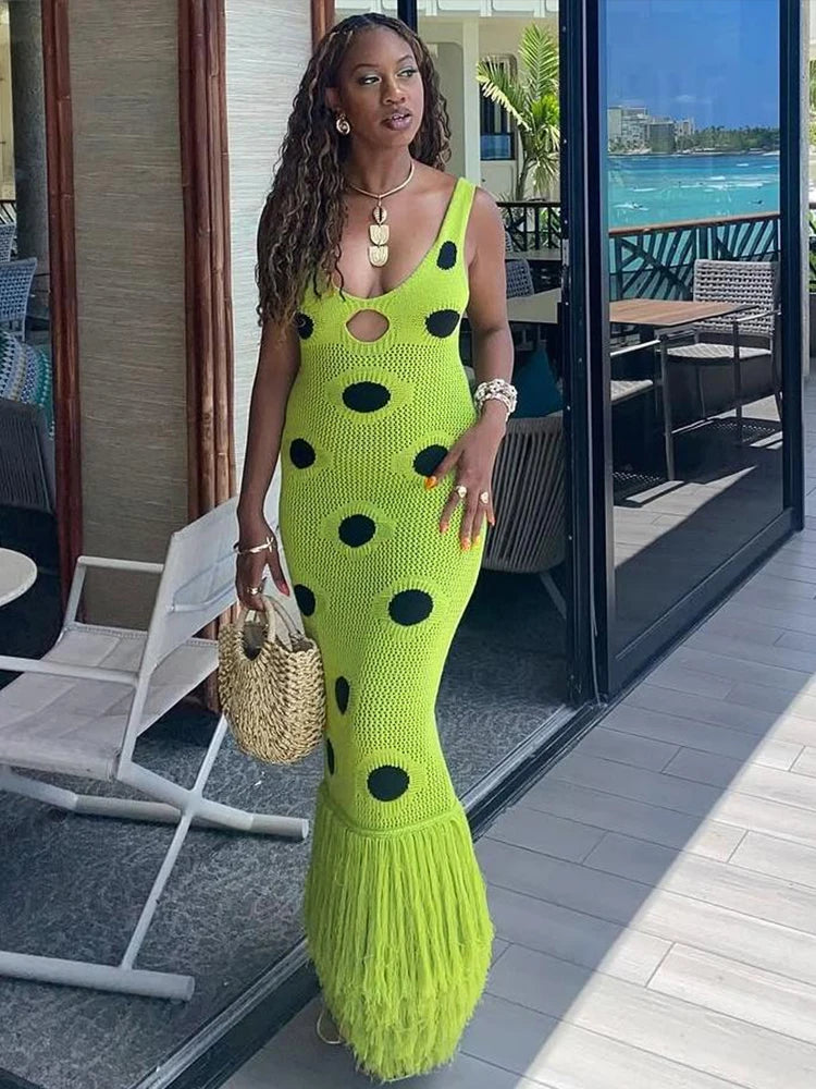 Midnight Sleeveless Knit Maxi Dress With Hollow Dot Tassel Hem