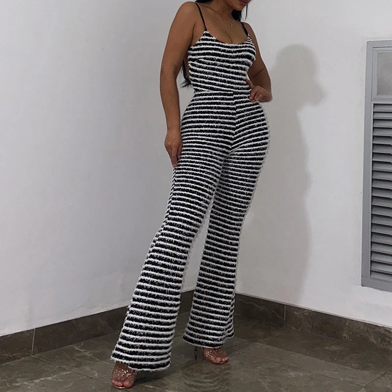 Backless Striped Jumpsuit With High Waist Flare Legs