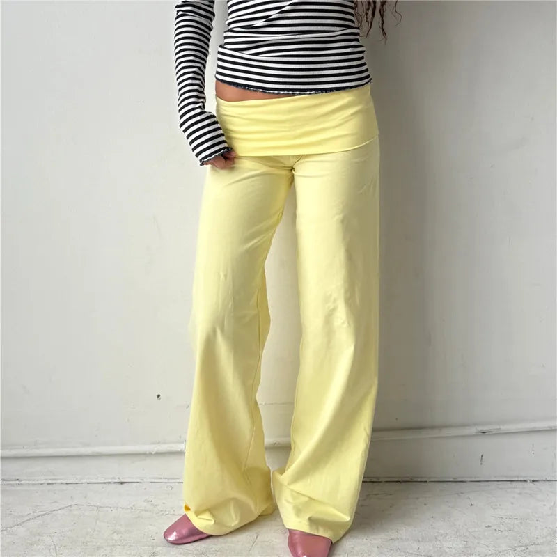 Soft Wide Leg Trousers With Fold Over Waist Solid Color Casual Bottoms