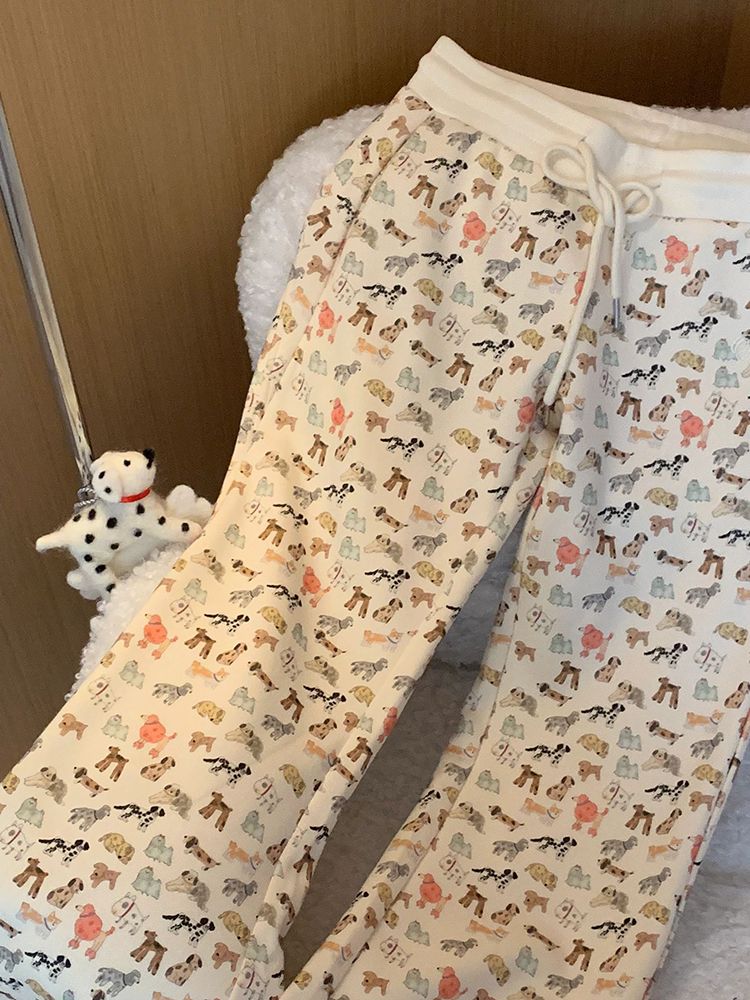 Cozy Puppy Print High Waist Fleece-Lined Flared Leg Pants