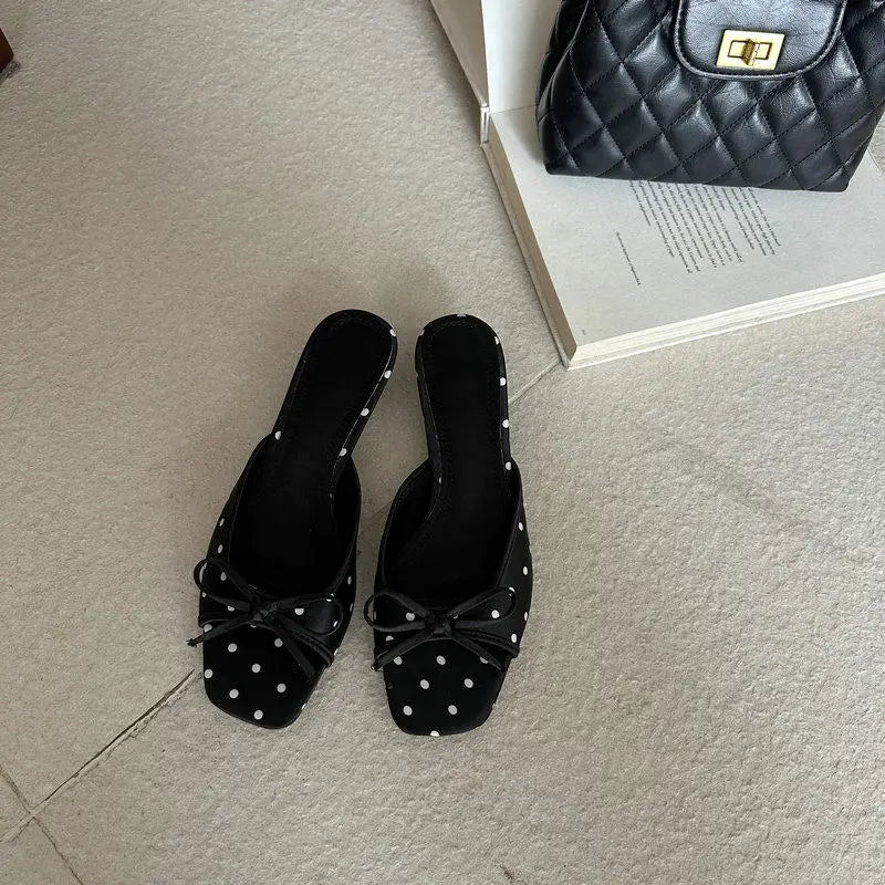 Elegant Polka Dot Satin Slippers With Square Toe And Butterfly Knot