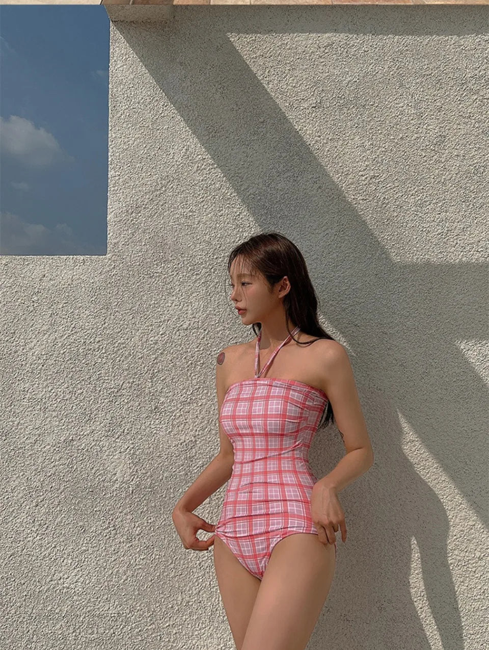 Plaid Push Up Backless One Piece Swimsuit