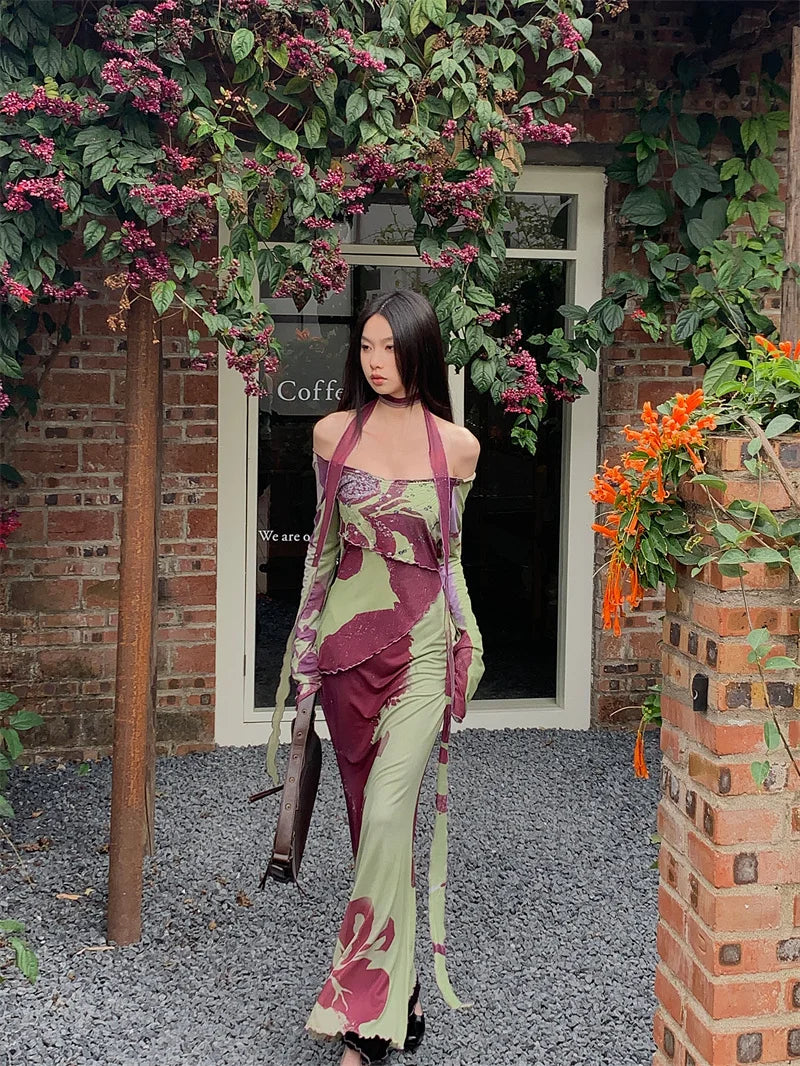 Off Shoulder Mesh Maxi Dress With Long Sleeves Backless Evening Gown