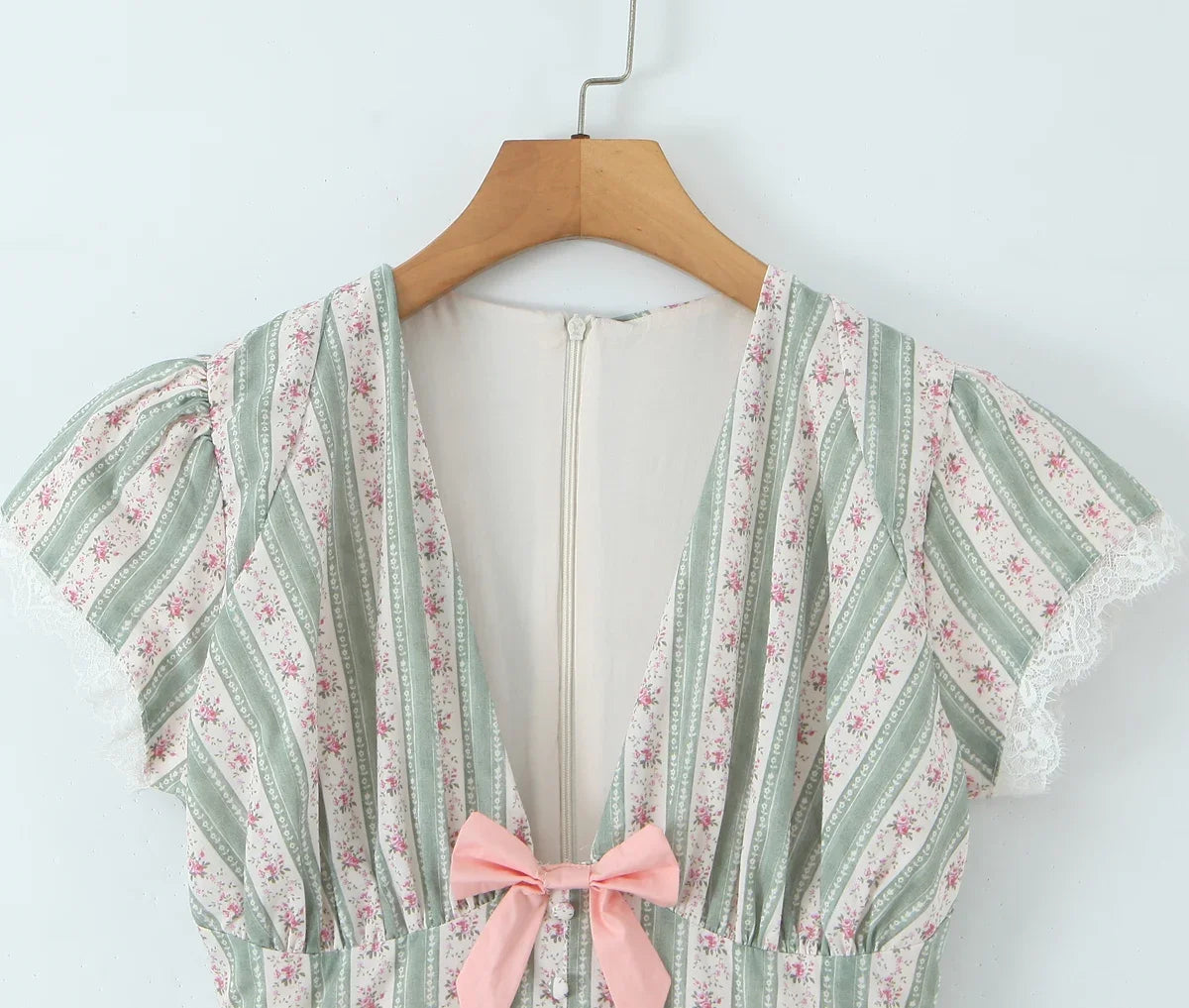 Green French Style Floral Sexy Mini Bohemian Women V-neck Striped Ruffles Dress