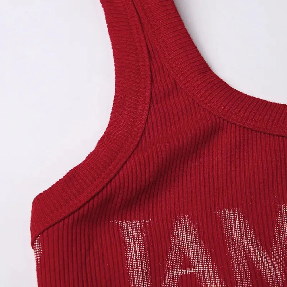 Retro Choker Vest Crop Top In Red With Open Back Knit Tank Style