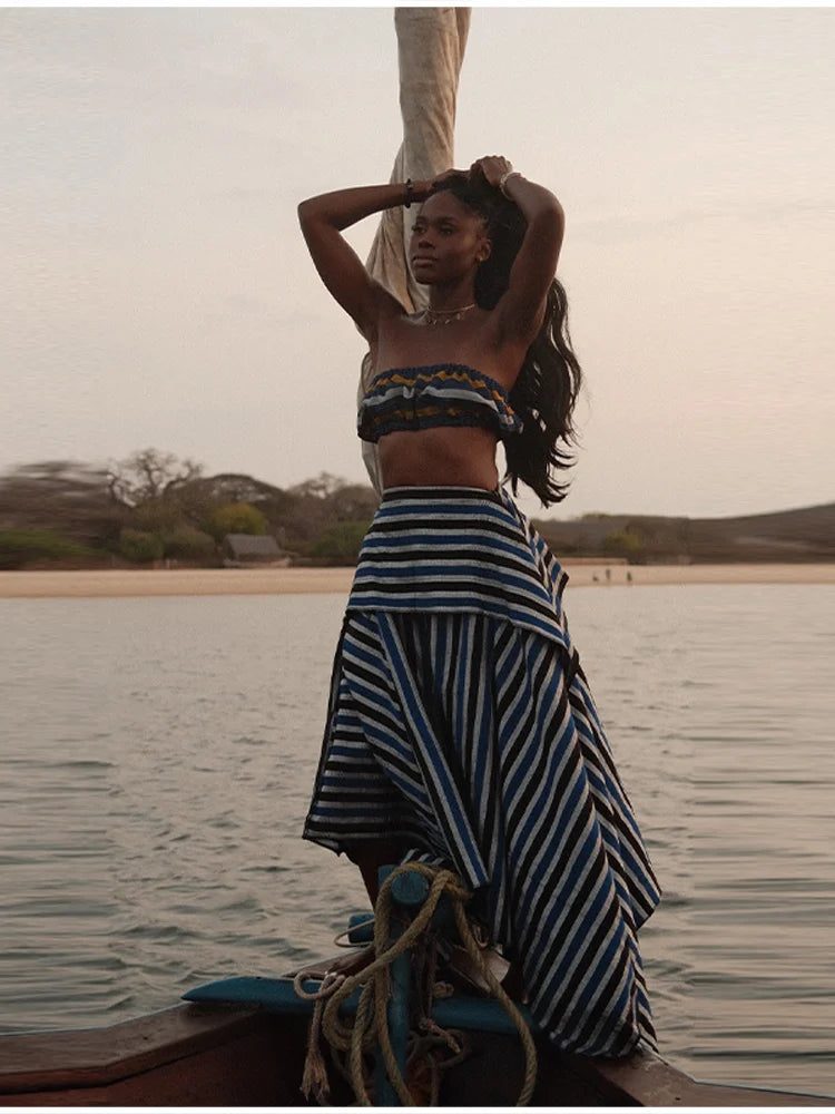 Bohemian Blue Striped Two-piece Set Strapless Ruffled Crop Top Tiered Maxi Skirt