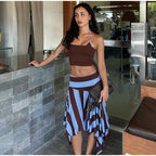 Striped Midi Skirt With Asymmetric Pleated Hem For Women Casual Style Flattering Low Rise