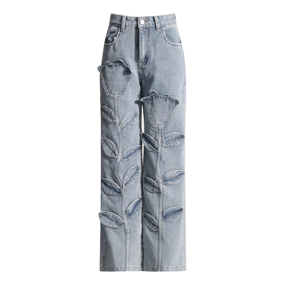 Floral Design Sense Casual Denim Trousers For Women High Waist Spliced Button  Loose Wide Leg Pants