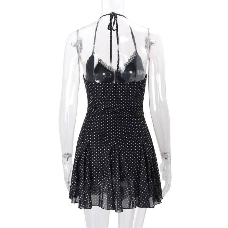 Black Lace See-Through Mini Lace-Up Contrast High Waist Backless Slim Dress