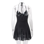 Black Lace See-Through Mini Lace-Up Contrast High Waist Backless Slim Dress