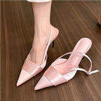 Soft Pink Silver Black Satin Slingback Pumps Point Toe And Ribbon Plait Design For Elegant Evening
