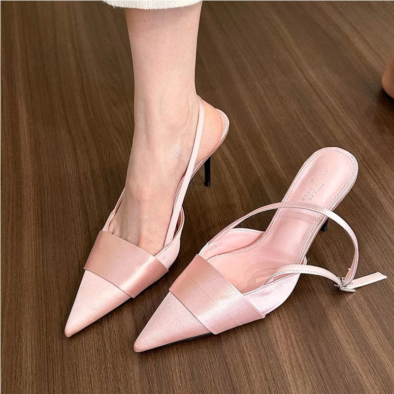 Soft Pink Silver Black Satin Slingback Pumps Point Toe And Ribbon Plait Design For Elegant Evening