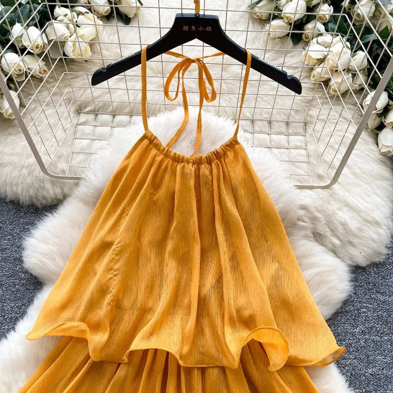 Cascading Ruffles Lace Up Halter Backless Dress