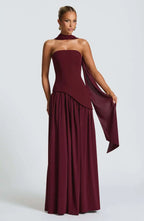 Elegant Off-Shoulder Evening Gown With Patchwork Pleats And Scarf Neck High Split Long Dress