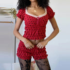 Vintage Ruffled Loungewear Set With Dot Print Top And Shorts Cozy Scoop Neck
