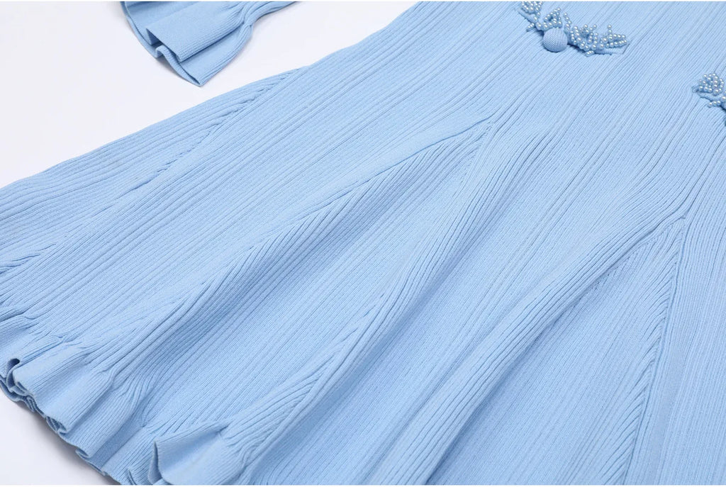 Pearl Beaded Knit Dress With Flare Sleeves And V Neck