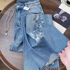 Vintage Embroidered Denim Jeans With High Waist Slim Fit And Beaded Details