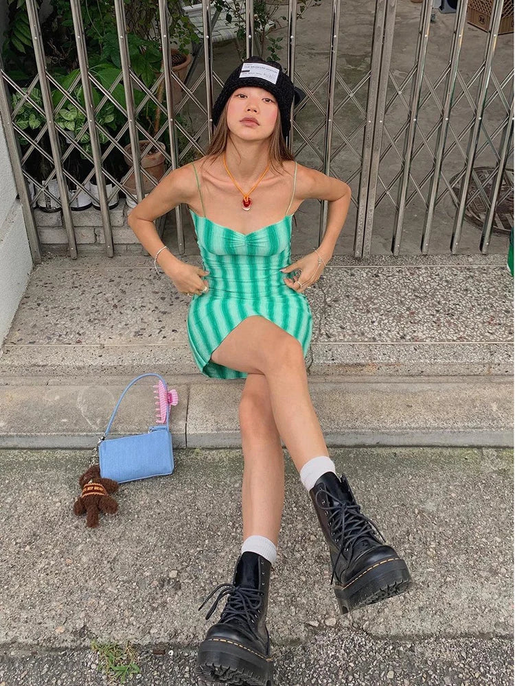 Striped Spaghetti Strap Dress With Pleated Backless Mini Bodycon