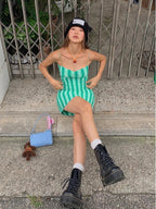 Striped Spaghetti Strap Dress With Pleated Backless Mini Bodycon