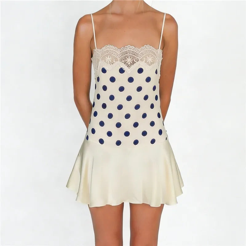 Polka Dot Satin Cami Dress With Lace Trim And Ruffle Hem Mini