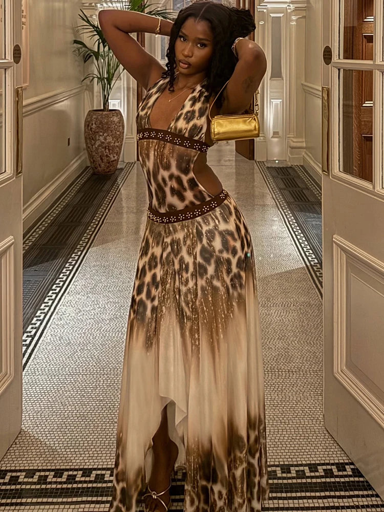 Leopard Print Halter Maxi Dress Backless Sleeveless