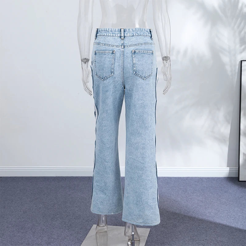 Side Hollow Out High Waist Jeans With Straight Leg Denim