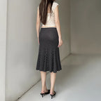 Black Polka Dot Print Midi Skirt With Low Waist Lightweight Knit