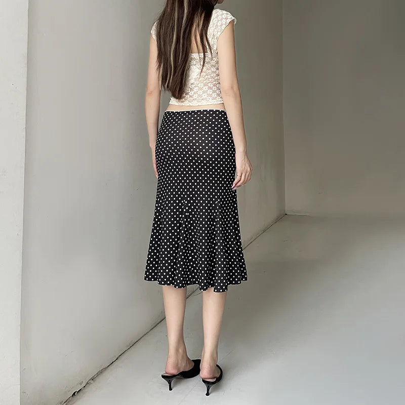Black Polka Dot Print Midi Skirt With Low Waist Lightweight Knit