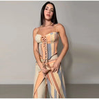 Chic Strips Pants Women Set Patchwork Slash Neck Bandage Top Pleated Asymmetry Trousers
