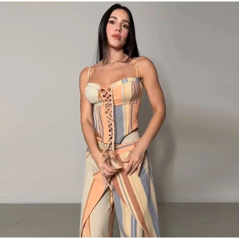 Chic Strips Pants Women Set Patchwork Slash Neck Bandage Top Pleated Asymmetry Trousers
