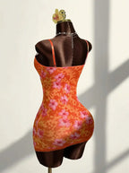 Lace Mini Dress With Spaghetti Straps High Waist Backless Retro Print