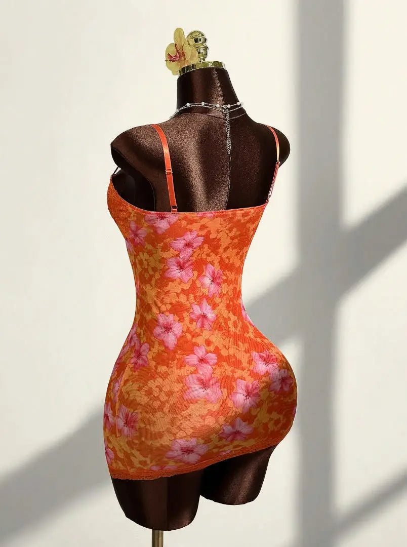 Lace Mini Dress With Spaghetti Straps High Waist Backless Retro Print