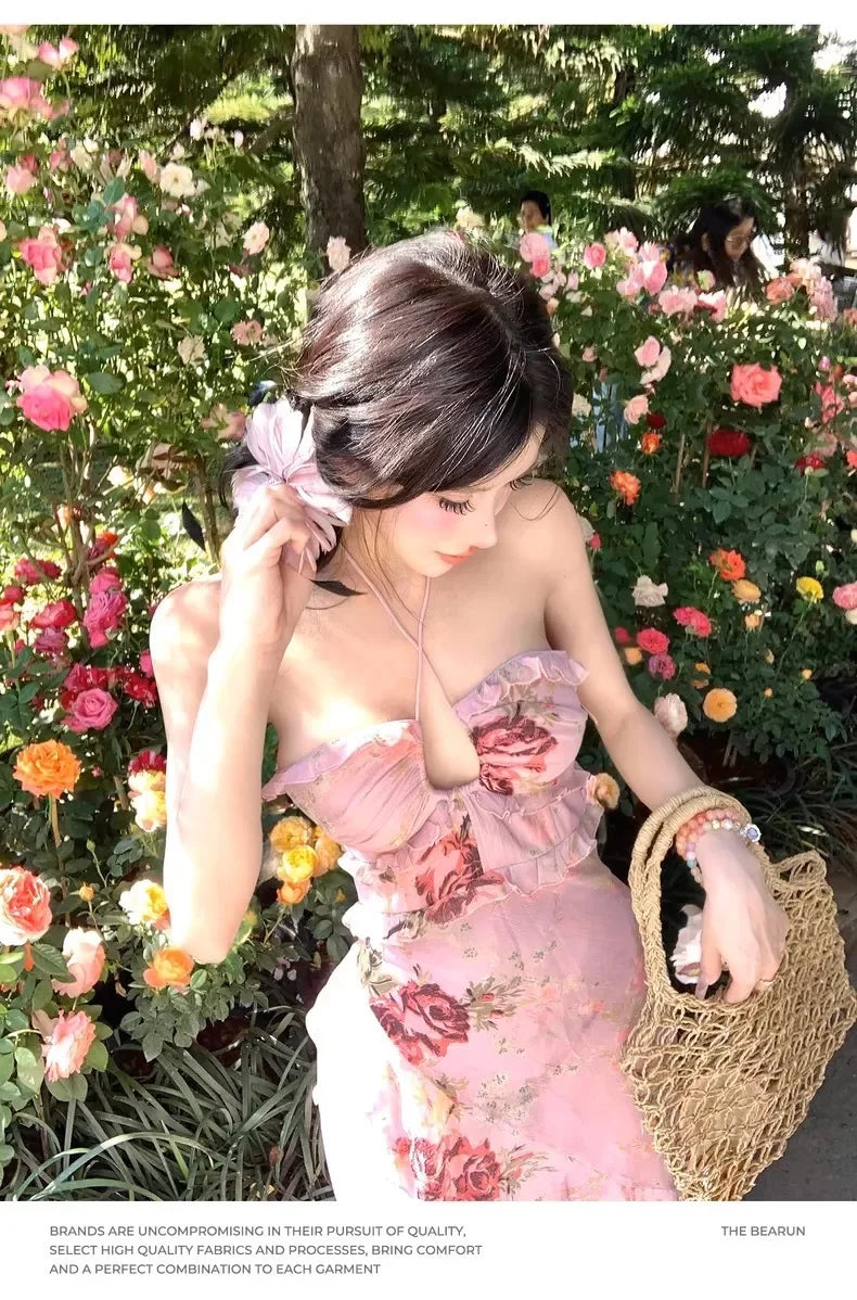 French Lace Trim Floral Neck Hanging Strap Dress