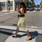 Retro Yellow Polka Dot Open Back Sleeveless Top And Capri Pants Set High Waist