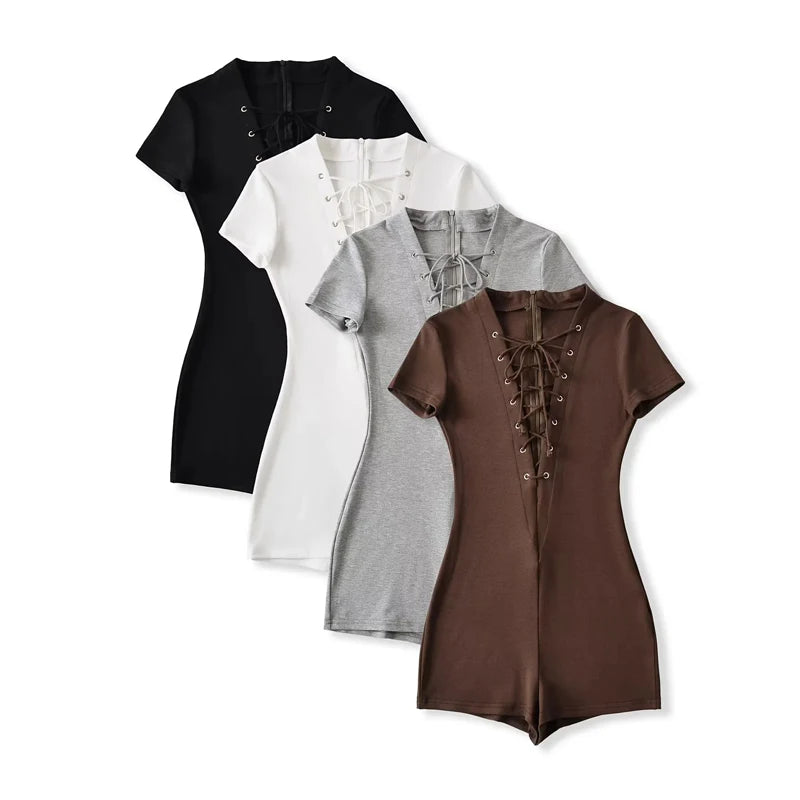 Sexy Lace Up Front Short Sleeve Playsuit In Knit Fabric Flirty One Piece Romper