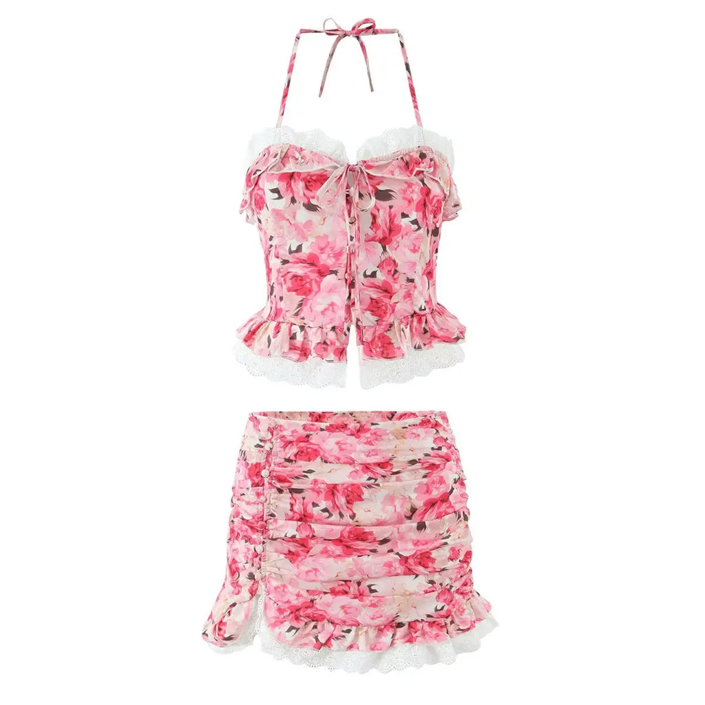 Boho Floral Print 2 Pieces Skirts Set Holiday Summer Women Sexy Backless Halter Top + Mini Skirt