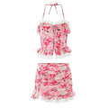 Boho Floral Print 2 Pieces Skirts Set Holiday Summer Women Sexy Backless Halter Top + Mini Skirt