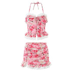 Boho Floral Print 2 Pieces Skirts Set Holiday Summer Women Sexy Backless Halter Top + Mini Skirt