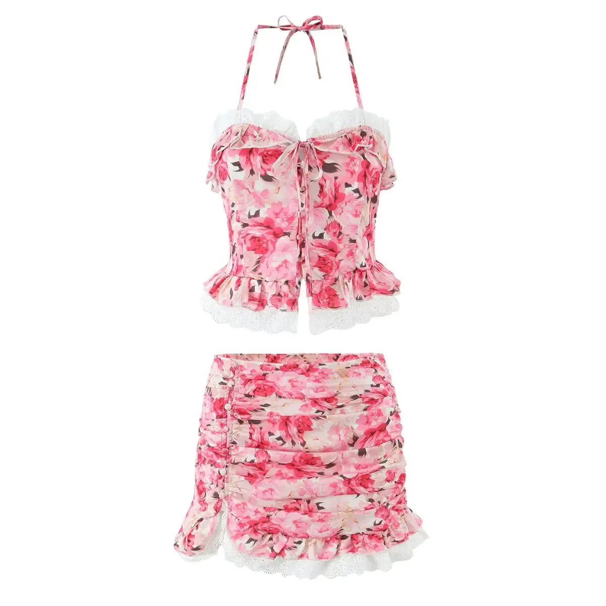 Boho Floral Print 2 Pieces Skirts Set Holiday Summer Women Sexy Backless Halter Top + Mini Skirt