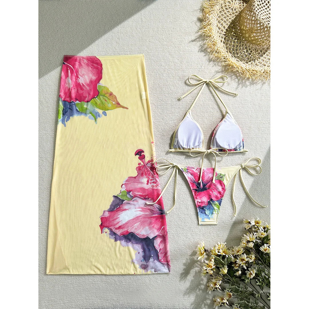 Flowers Printed With Skirt Halter Bikini Three-pieces Bikini set