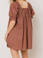 Gingham Babydoll Mini Dress With Puff Sleeves And Bow