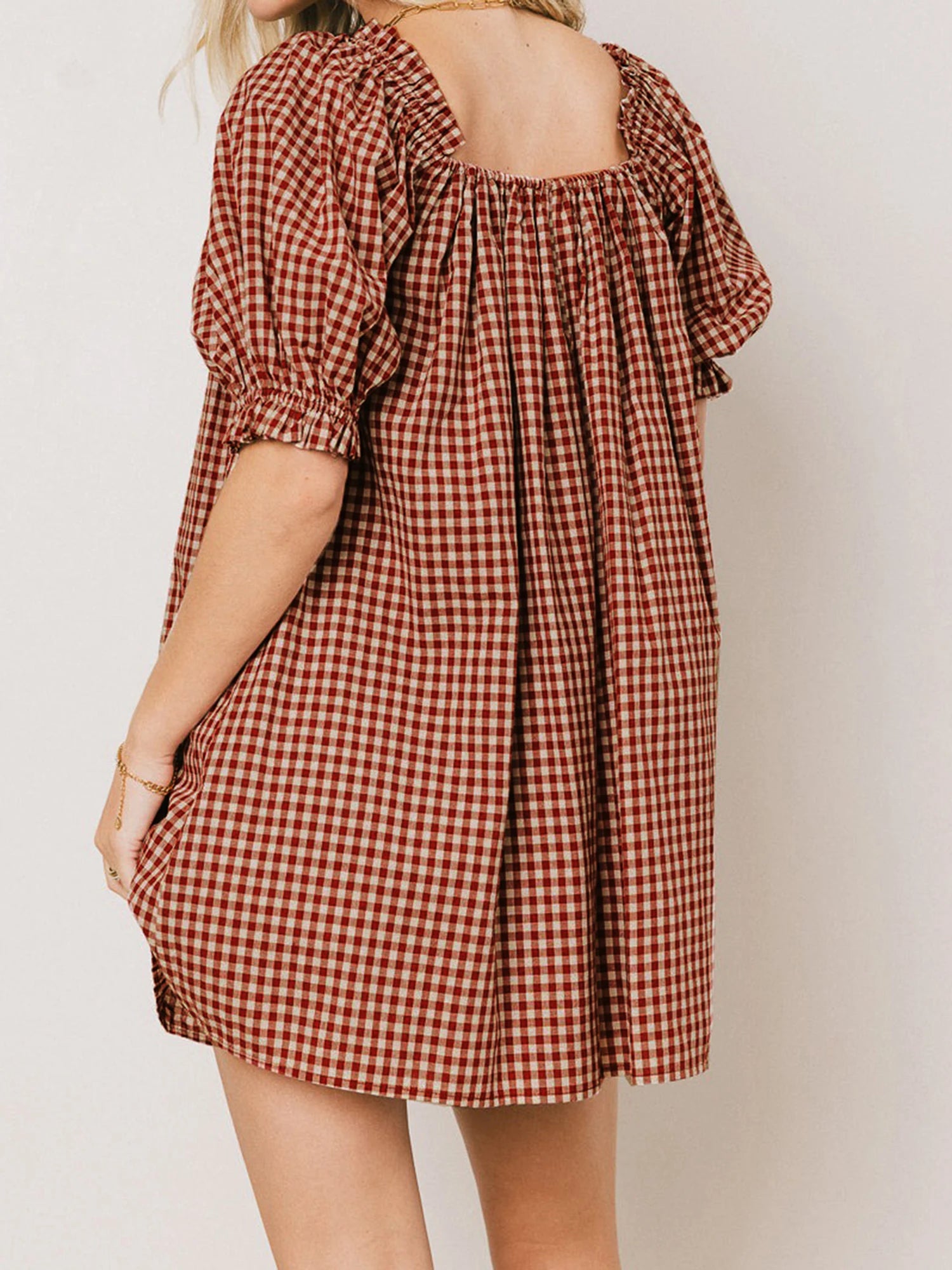 Gingham Babydoll Mini Dress With Puff Sleeves And Bow