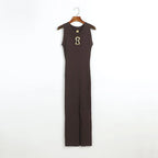 Hollow-Out Knit Vest Dress With Metal Buttons Sleeveless Slit